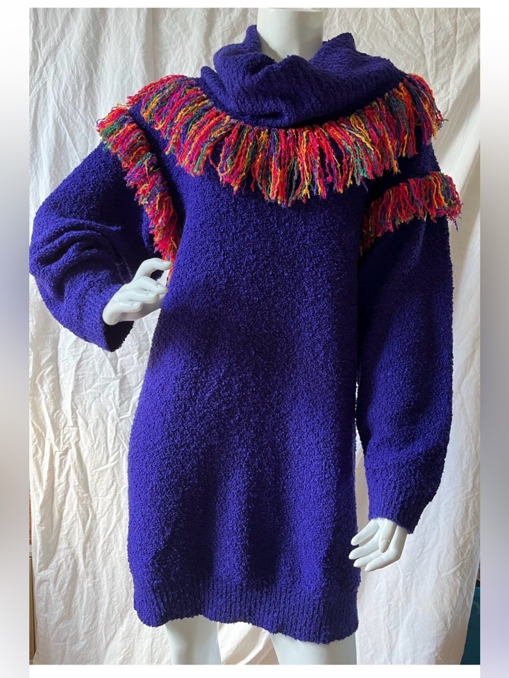 Simon Chang Vintage Vibrant Purple Bouclé Sweater/Sweater Dress with Fringe M